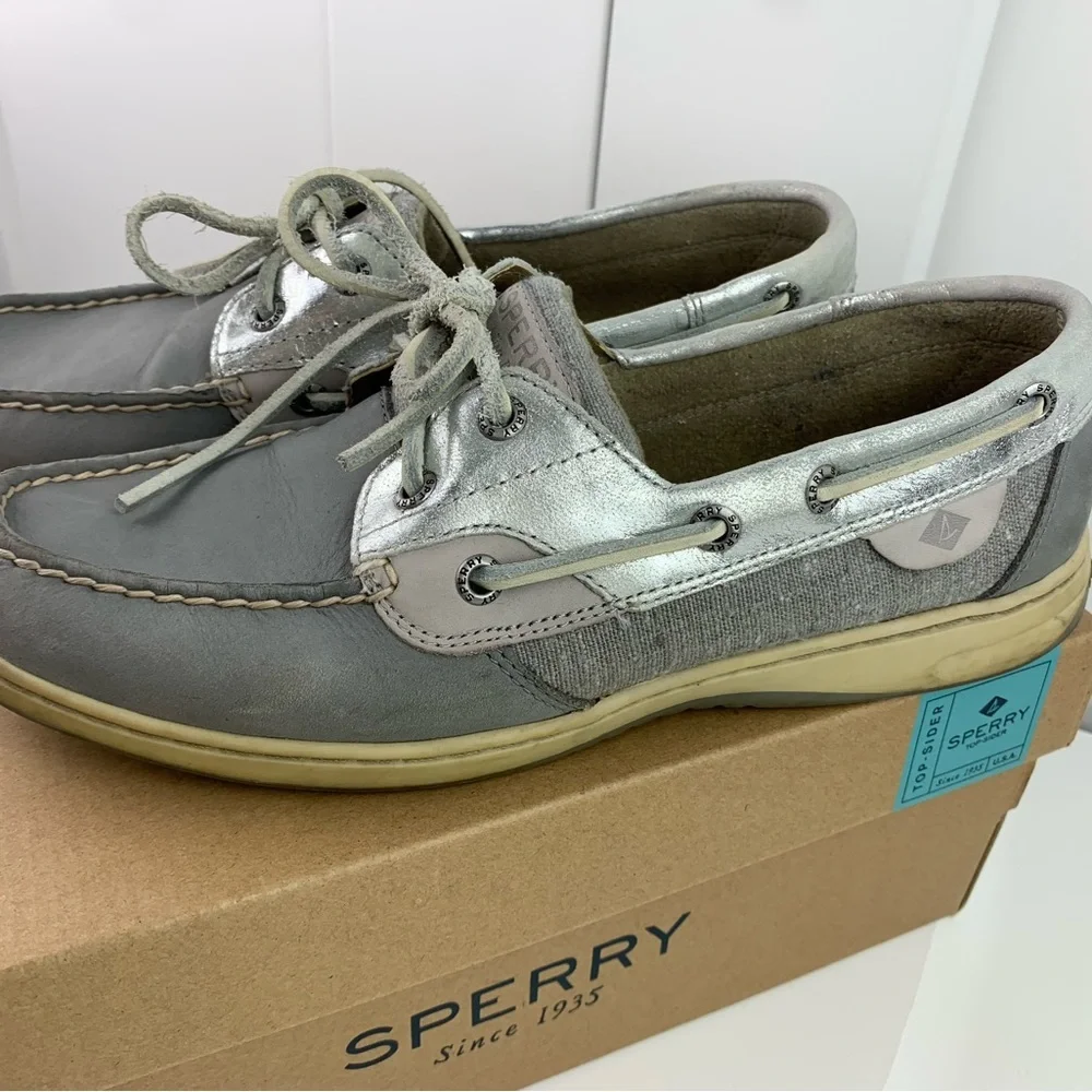 Sperry Bluefish Boat Shoes 8.5 Metallic Gray Silver Leather Slip Ons preppy Y2K - Picture 3 of 6